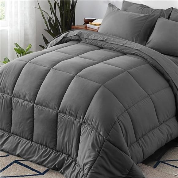 Queen Bed in a Bag - 7 Pieces Dark Grey Comforter Set, Lightweight All Season - Picture 1 of 6